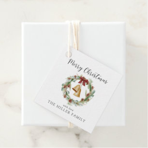 Merry Christmas, foliage wreath with golden bells Favour Tags