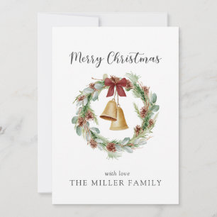 Merry Christmas Foliage Wreath with golden bells. Holiday Card