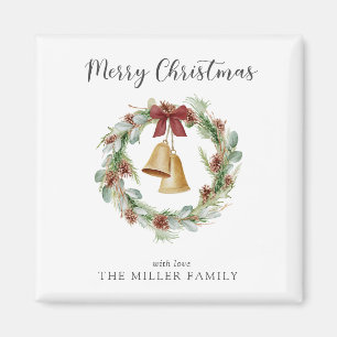 Merry Christmas Foliage Wreath with Golden Bells Magnet