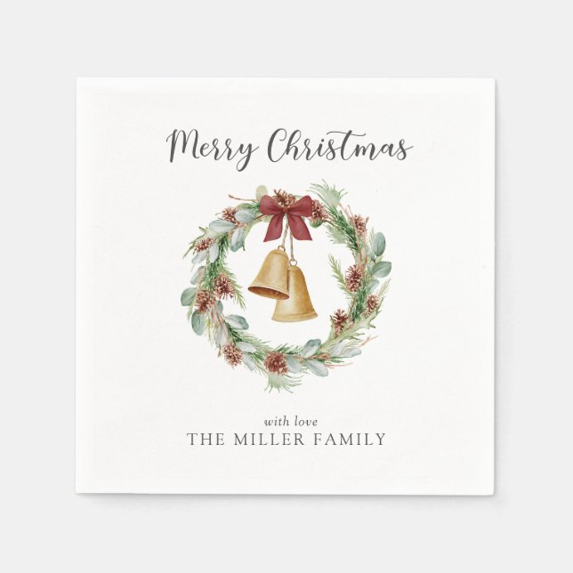 Merry Christmas Foliage Wreath with Golden Bells Napkin (Front)