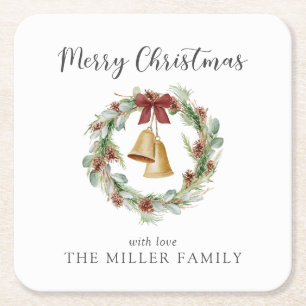 Merry Christmas, foliage wreath with golden bells Square Paper Coaster