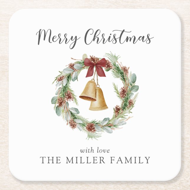 Merry Christmas, foliage wreath with golden bells Square Paper Coaster (Front)