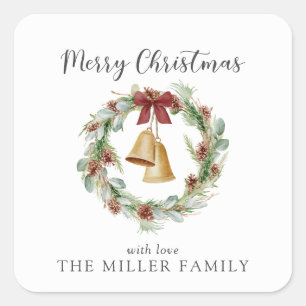 Merry Christmas, foliage wreath with golden bells Square Sticker