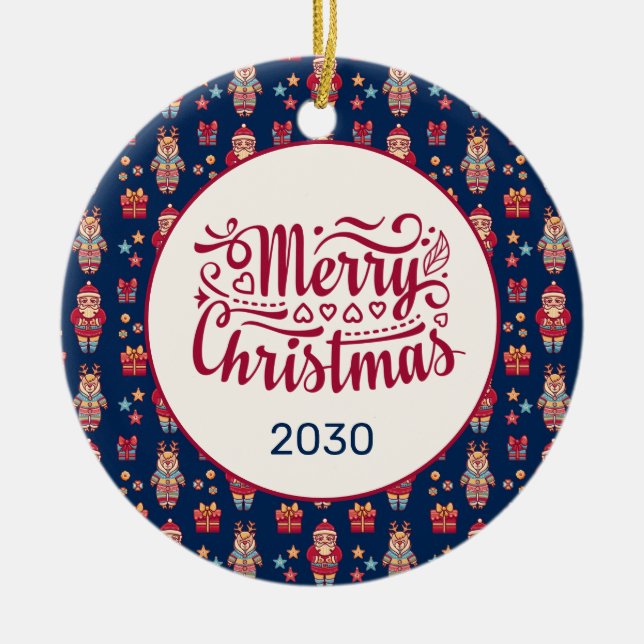 Merry Christmas Folk Santa Reindeer Blue Custom Ceramic Tree Decoration (Front)