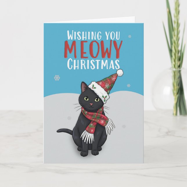 Merry Christmas For Anyone Cute Cat Snow With Hat  Holiday Card (Front)
