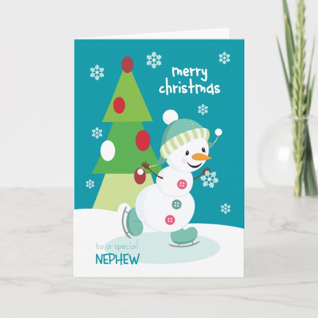 Merry Christmas for Nephew Ice Skating Snowman Holiday Card (Front)