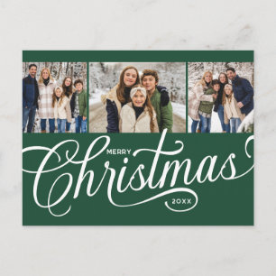 Merry Christmas Forest Green Script Family 3 Photo Holiday Postcard