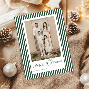 Merry Christmas Forest Green Stripes Script Photo Holiday Card