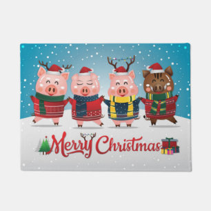 Merry Christmas Four Little Pigs Doormat