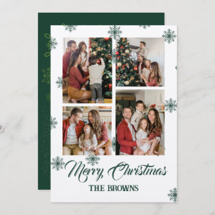 Merry Christmas Four Photo Collage Green Beige Holiday Card