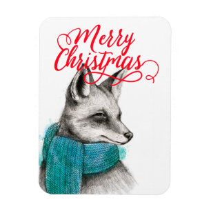 Merry Christmas Fox Drawing Magnet