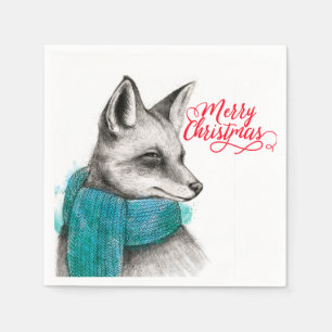 Merry Christmas Fox Drawing Napkin
