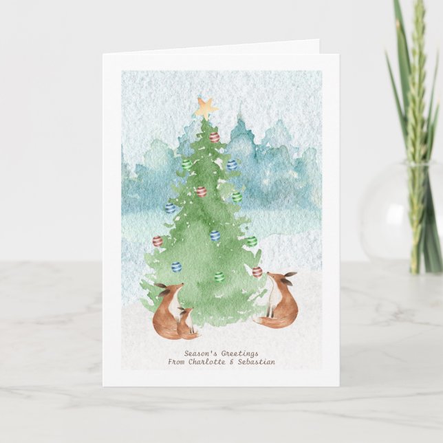 Merry Christmas Fox Family With Tree Watercolor Card (Front)