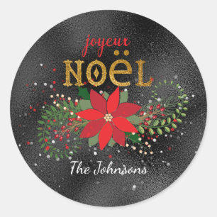 Merry Christmas French Black Glass Glitter Classic Round Sticker