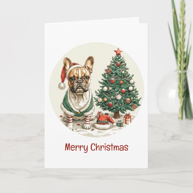 Merry Christmas French Bulldog Elf Dog Holiday Card (Front)