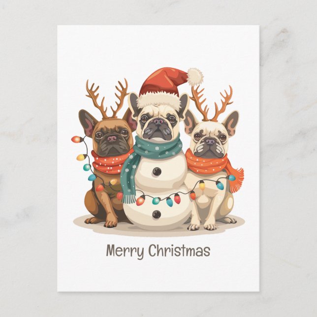 Merry Christmas French Bulldog Reindeer Dogs Holiday Postcard (Front)