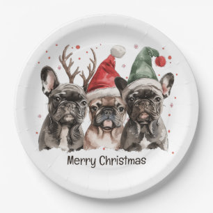 Merry Christmas French Bulldog Reindeer Dogs Paper Plate