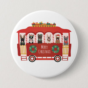 Merry Christmas French Bulldogs Holiday Trolly 7.5 Cm Round Badge