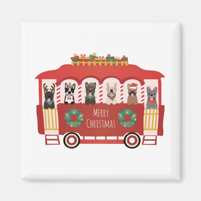 Merry Christmas French Bulldogs Holiday Trolly Magnet (Front)