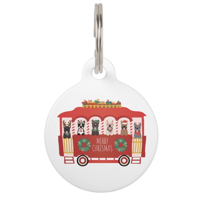 Merry Christmas French Bulldogs Holiday Trolly Pet Tag (Front)