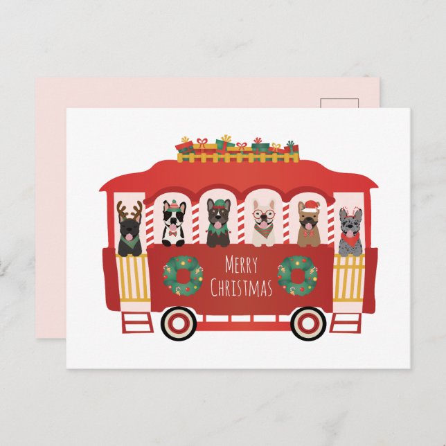 Merry Christmas French Bulldogs Holiday Trolly Postcard (Front/Back)