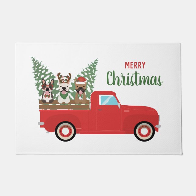 Merry Christmas French Bulldogs Red Pickup Truck Doormat (Front)