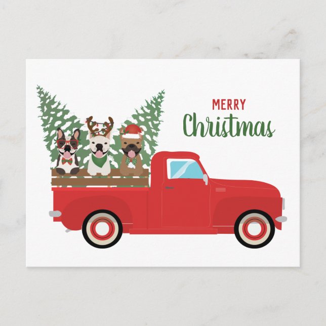 Merry Christmas French Bulldogs Red Pickup Truck Holiday Postcard (Front)
