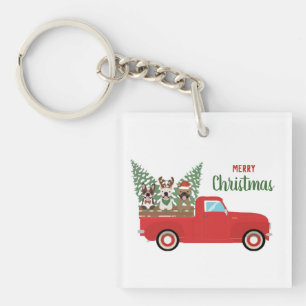 Merry Christmas French Bulldogs Red Pickup Truck Key Ring