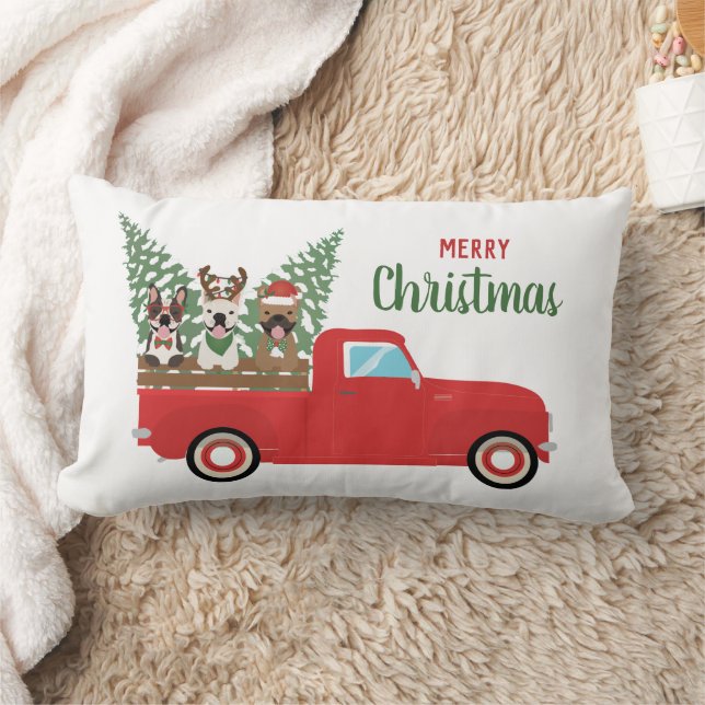 Merry Christmas French Bulldogs Red Pickup Truck Lumbar Cushion (Blanket)