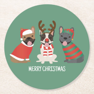 Merry Christmas French Bulldogs Round Paper Coaster