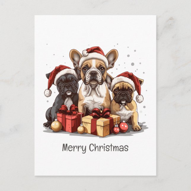 Merry Christmas French Bulldogs Santa Hat Holiday Postcard (Front)