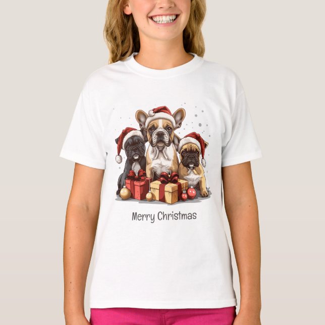 Merry Christmas French Bulldogs Santa Hat T-Shirt (Front)