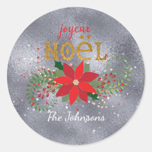 Merry Christmas French Silver Glass Glitter Classic Round Sticker