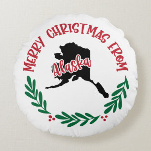 Merry Christmas From Alaska USA Red Green White  Round Cushion