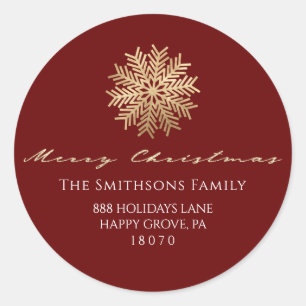 Merry Christmas From Burgundy Gold RSVP Snowflake Classic Round Sticker