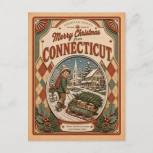 Merry Christmas from Connecticut Vintage Snow Glob Holiday Postcard