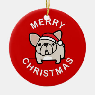 Merry Christmas from Cream Santa Frenchie - Red Ceramic Tree Decoration