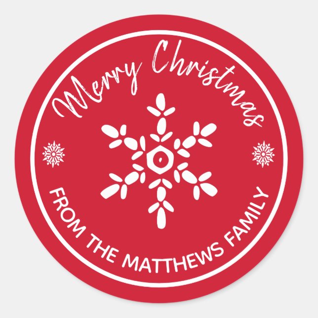 Merry Christmas From: Custom Name Snowflake Classic Round Sticker (Front)