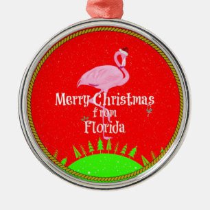 Merry Christmas from Florida and Santa Flamingo Metal Tree Decoration