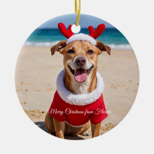 Merry Christmas from Florida Beach Ceramic Tree Decoration (Front)