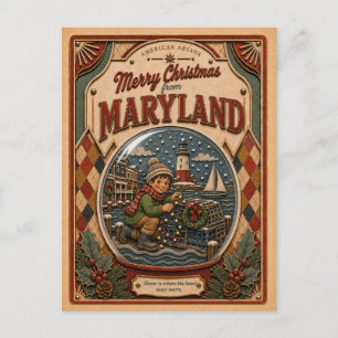 Merry Christmas from Maryland Vintage Snow Globe Holiday Postcard