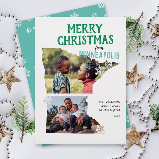 Merry Christmas from Minnesota Two Photo Holiday Card (From Minnesota with love two photo Christmas holiday card and moving announcement )