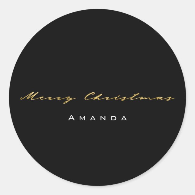 Merry Christmas From Name Black Gold Minimalism Classic Round Sticker (Front)