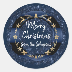 Merry Christmas From Name Blue Navy Gold Wreath Classic Round Sticker