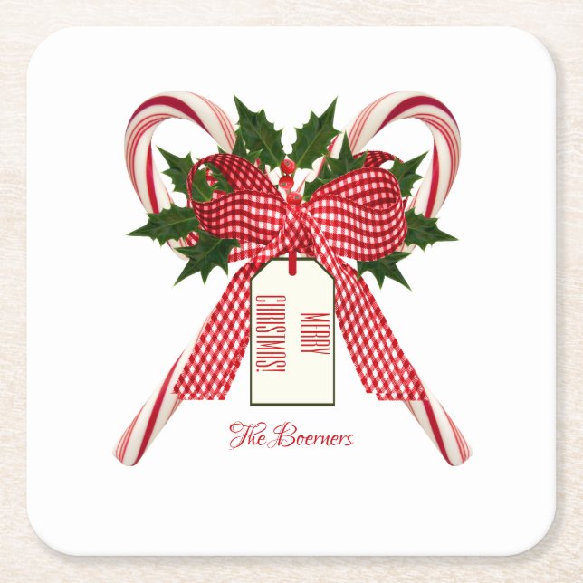 Merry Christmas from Name Candy Canes Square Paper Coaster (Front)