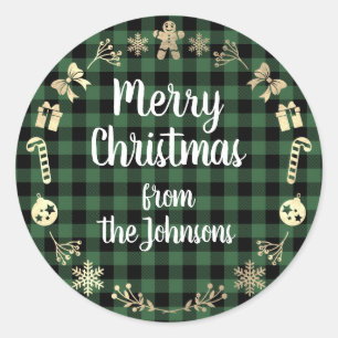 Merry Christmas From Name Gold Buffalo Plaid Classic Round Sticker