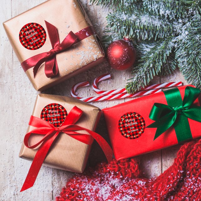 Merry Christmas From Name Gold Buffalo Plaid REd Classic Round Sticker (Merry Christmas From Name Gold Buffalo Plaid REd Classic Round Sticker )