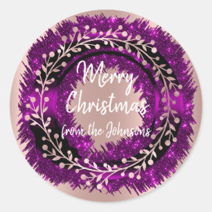 Merry Christmas From Name Pink Rose Winter Wreath Classic Round Sticker
