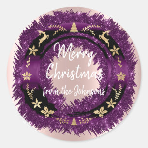 Merry Christmas From Name Rose Glitter Gold Wreath Classic Round Sticker