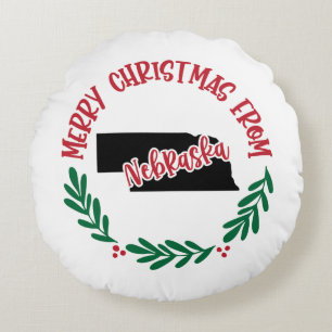 Merry Christmas From Nebraska US Red Green Round Cushion